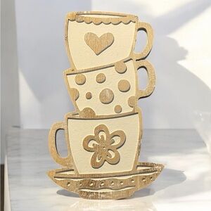 Toppling Teacups Etched Wooden Wall Hanging Plaque Heart Dots Flower Rustic